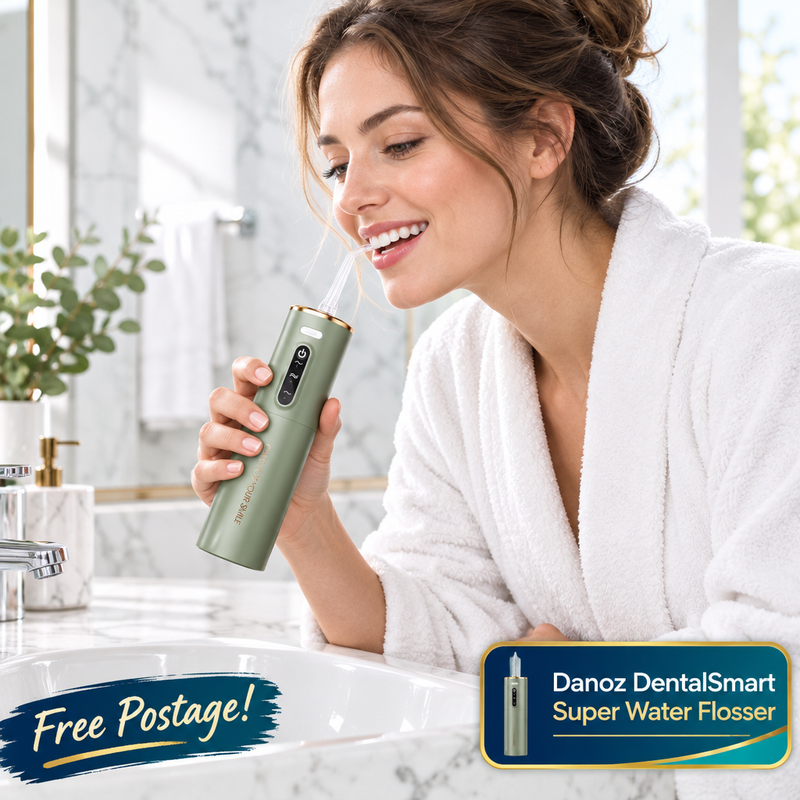 Woman using green DentalSmart water flosser in bathroom