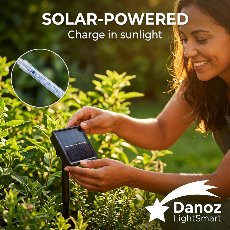 Woman positioning solar panel toward sunlight with LED tube detail