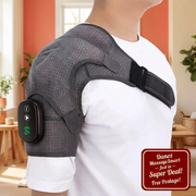 Adjustable grey shoulder brace with dark red MassageSmart badge