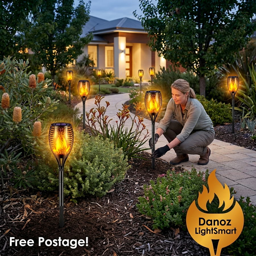 🔥 Danoz LightSmart | Solar Flickering Flame Garden Torches | 12 / 33 / 96 LED | 2, 3 or 4 Pack | Free Postage!