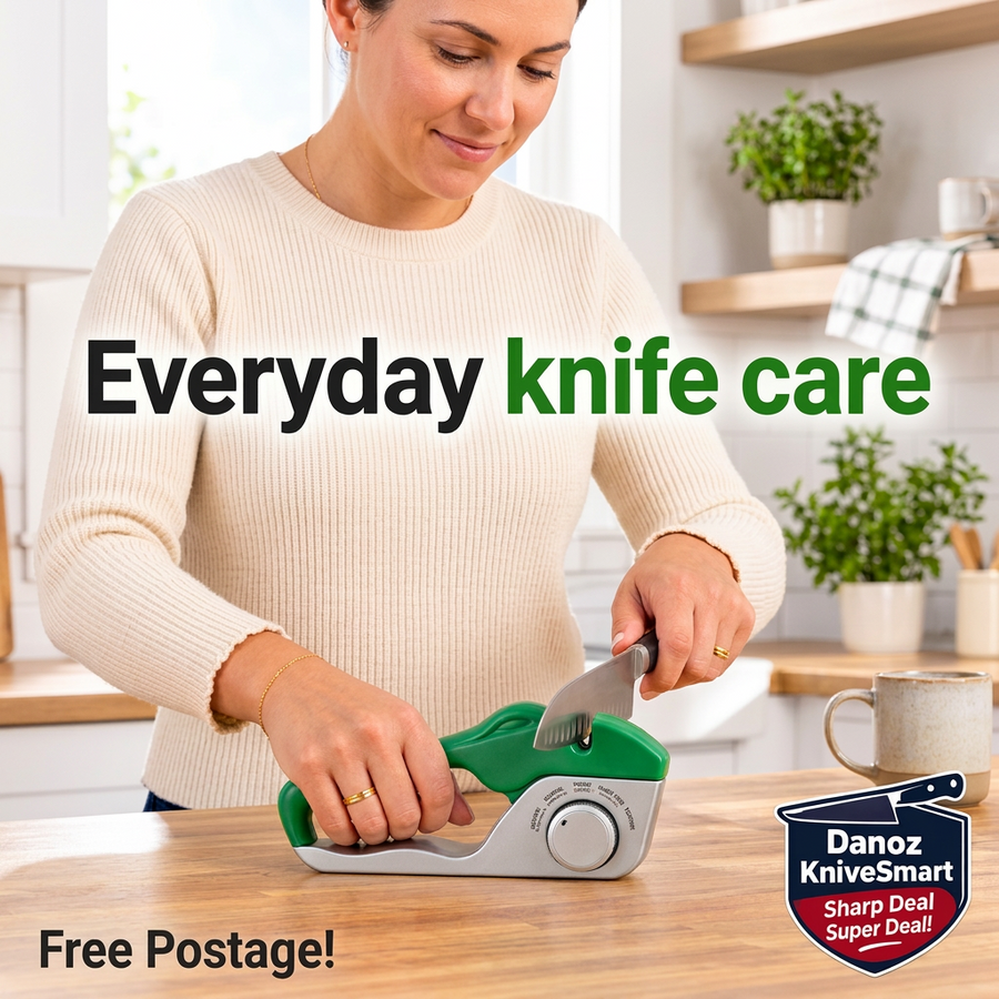 Woman using the compact Danoz KniveSmart sharpener to sharpen a kitchen knife