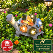 Solar turtle with butterfly and glowing flowers; Free Postage bottom left