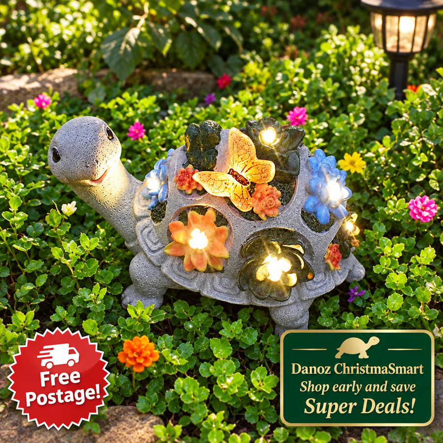 Solar turtle with butterfly and glowing flowers; Free Postage bottom left