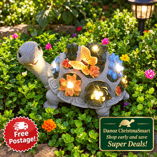 Solar turtle with butterfly and glowing flowers; Free Postage bottom left