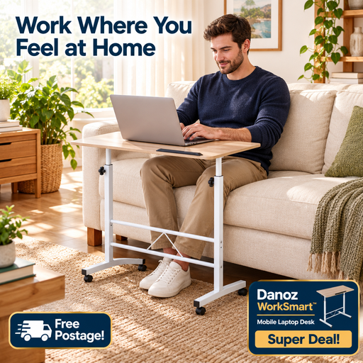 WorkSmart man working on sofa with laptop on Artiss mobile desk, Free Postage