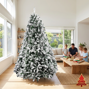 Snow-flocked fir tree with parents and children wrapping gifts