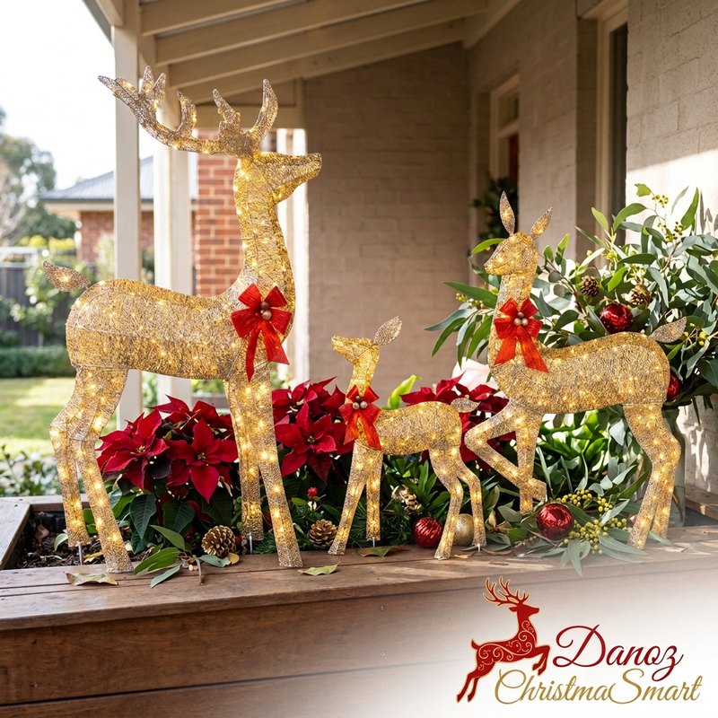 Compact gold reindeer set in a sheltered festive porch display