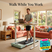 Man walking on green Everfit pad beneath standing desk in warm living room