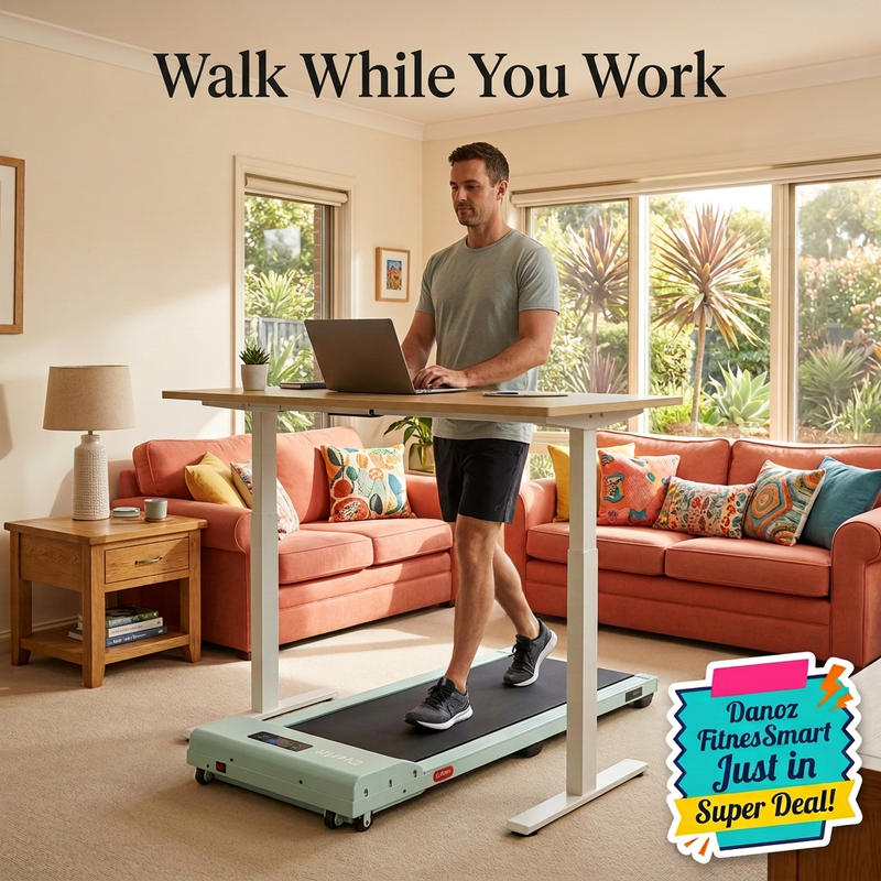 Man walking on green Everfit pad beneath standing desk in warm living room