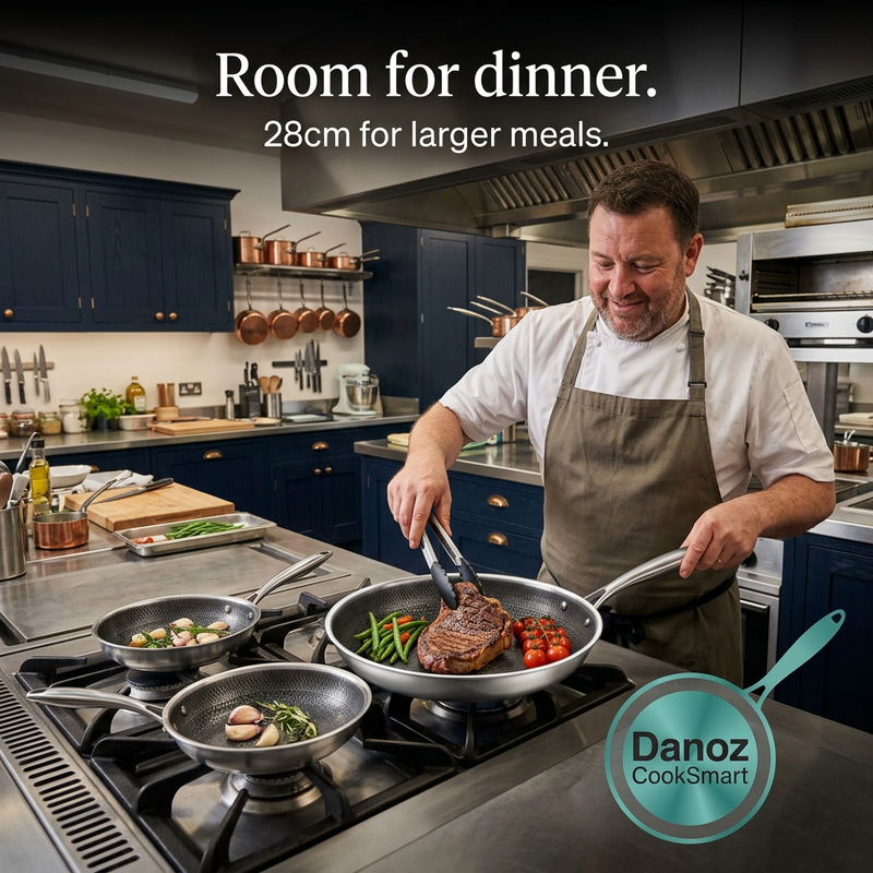 Man cooking steak and vegetables with a 28cm Danoz CookSmart frying pan on gas