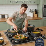 Man stirring food while holding a securely attached detachable pan handle