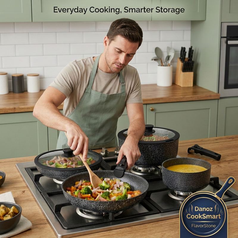 Man stirring food while holding a securely attached detachable pan handle