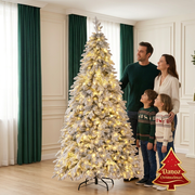Parents and children admiring the snow-flocked tree