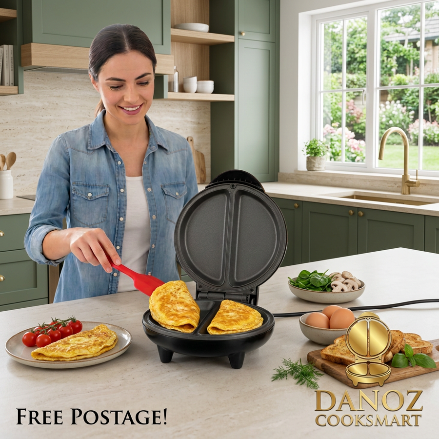 Woman using Danoz SmartChef double-pan cooker in a sunlit sage kitchen, surrounded by omelettes, tomatoes, spinach, mushrooms, eggs and toast