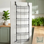 Black six-basket over-door organiser in a bright laundry setting