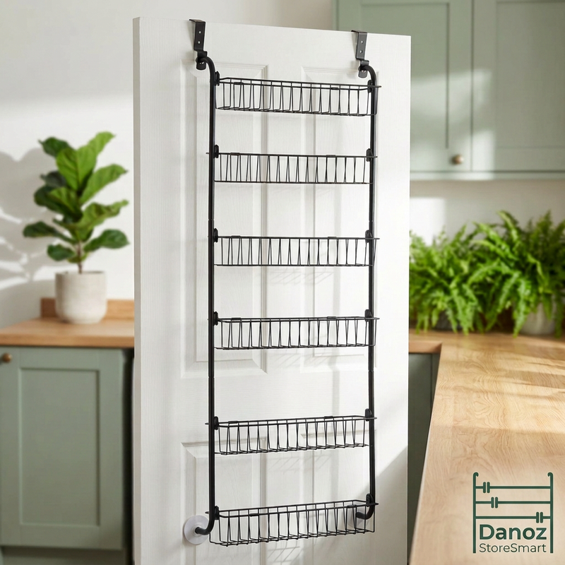 Black six-basket over-door organiser in a bright laundry setting