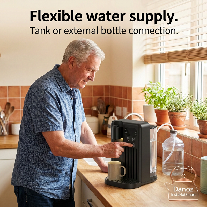 Older man using a compact InstaHotSmart dispenser with external water bottle connection