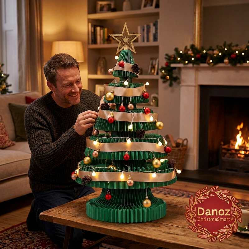 Man adjusting ribbon on the illuminated paper Christmas tree