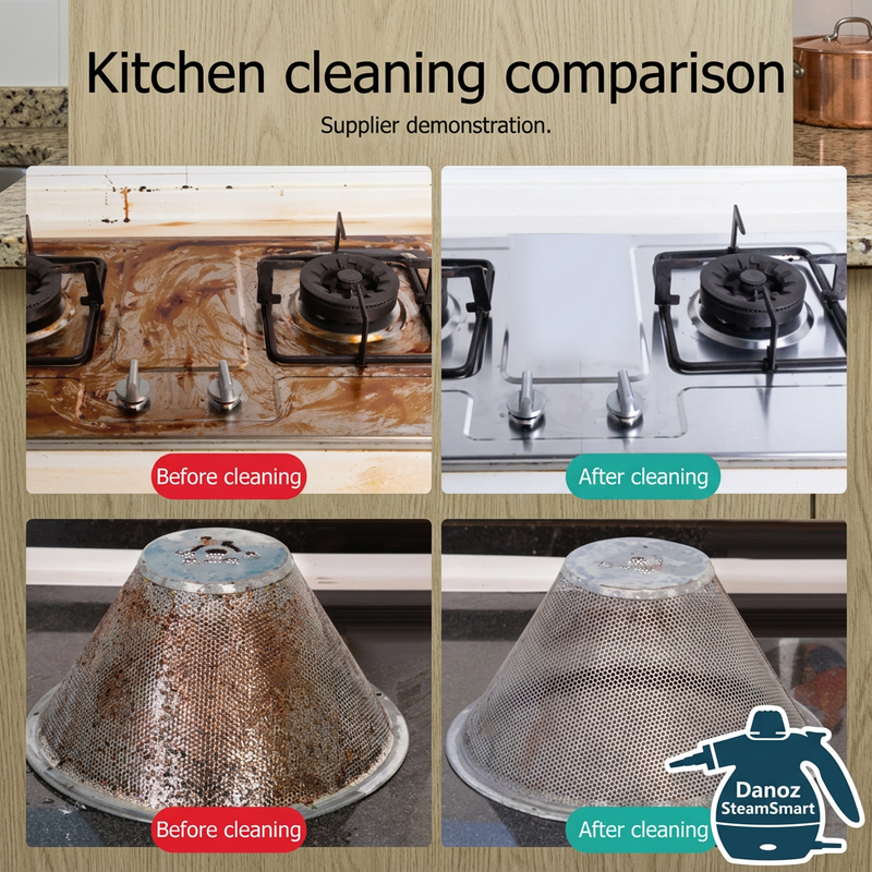 Supplier demonstration showing kitchen hob and filter cleaning comparisons
