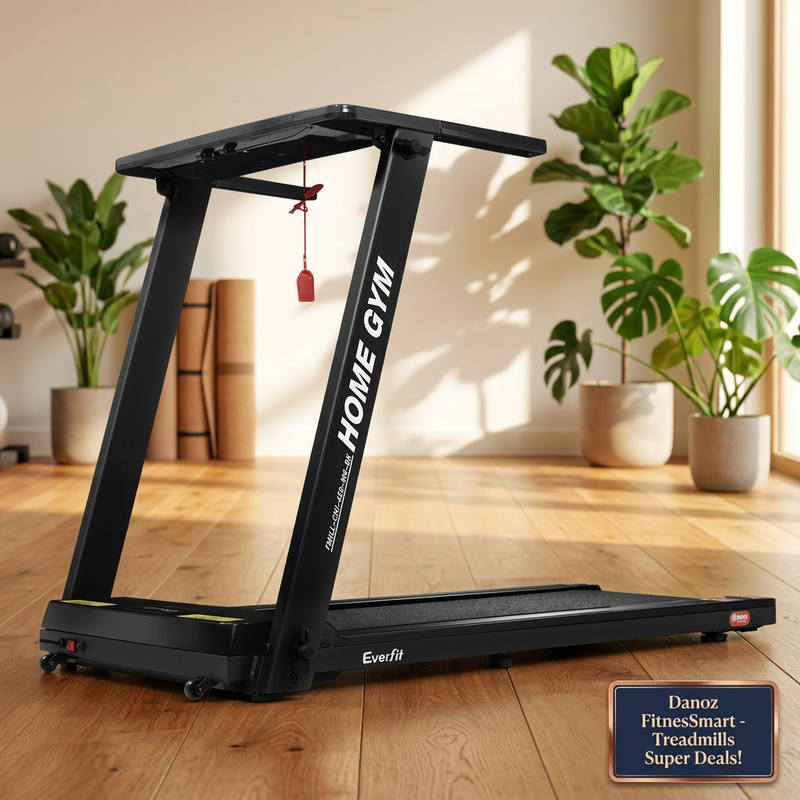 Side view of black Everfit treadmill frame belt and transport wheels