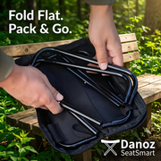 PocketStool folded frame being packed in its zippered pouch