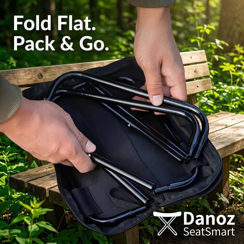 PocketStool folded frame being packed in its zippered pouch