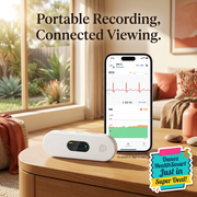 LEPU portable ECG monitor beside illustrative app screen with HealthSmart Super Deal badge