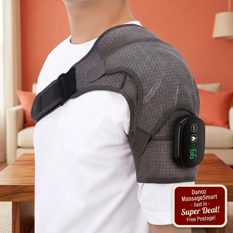 Grey shoulder brace with dark red MassageSmart badge
