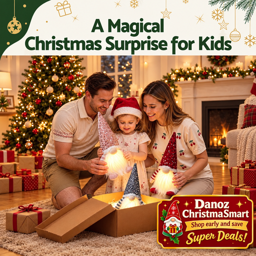 Family Christmas scene with three illuminated gnomes