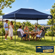 EventSmart navy gazebo garden party with people seated underneath and mingling beside it