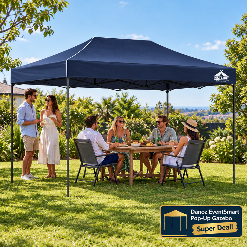 EventSmart navy gazebo garden party with people seated underneath and mingling beside it
