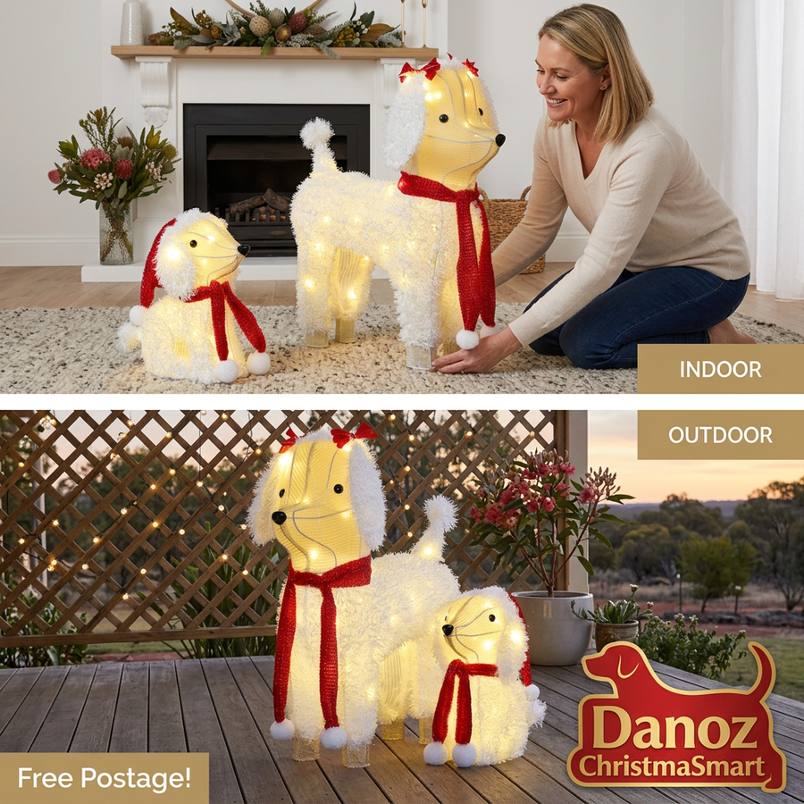 Two illuminated Christmas dog decorations shown indoors with a person arranging them and outdoors, Free Postage