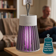 Grey bug zapper with teal lamp-shaped badge