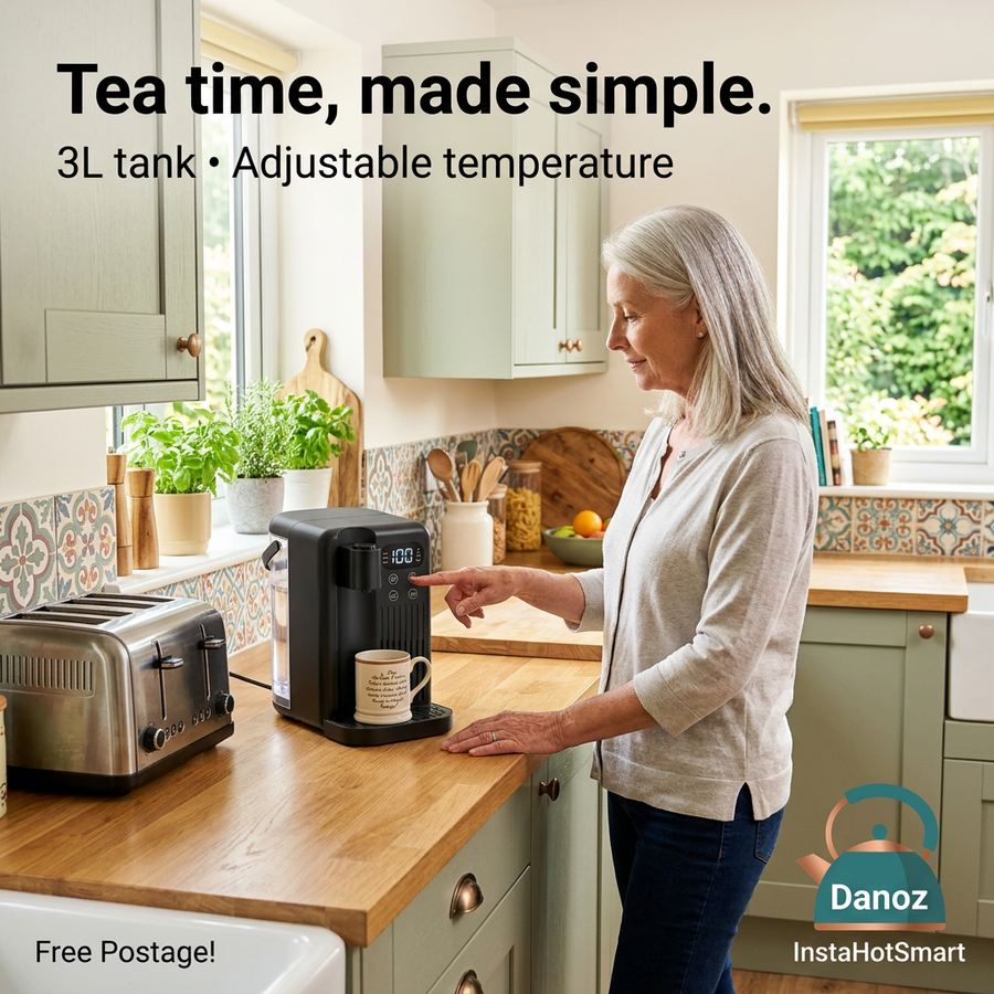 Older woman operating a compact 30cm InstaHotSmart dispenser beside a toaster, Free Postage