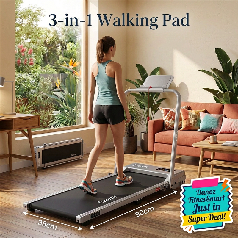 Living room hero with adjusted compact treadmill proportions