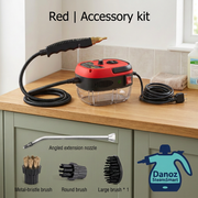 Red SteamSmart with hose, angled extension nozzle and three brushes