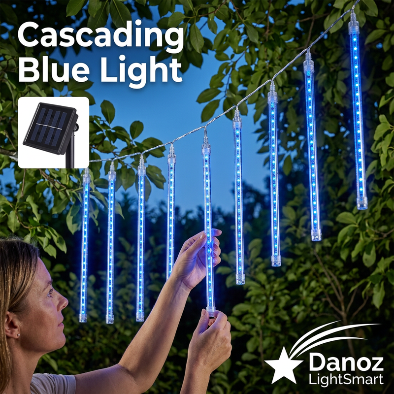 Woman adjusting a clear blue LED meteor tube