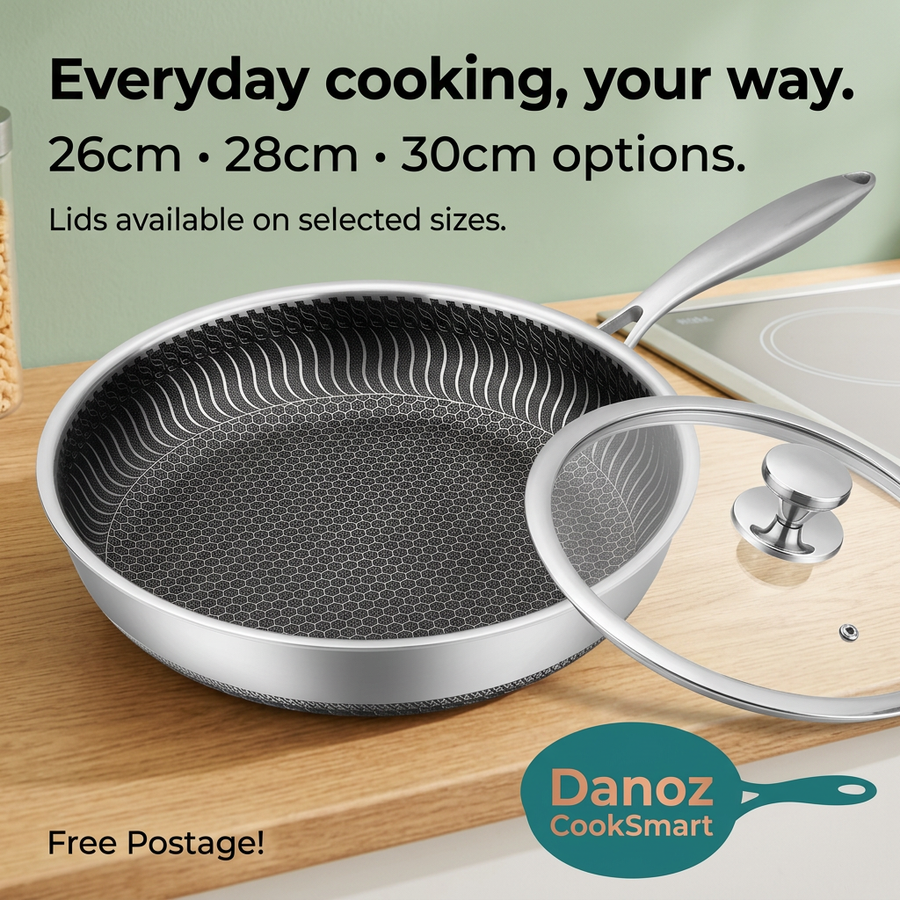 Danoz CookSmart honeycomb frying pan with selected glass lid options, 26cm 28cm and 30cm, Free Postage