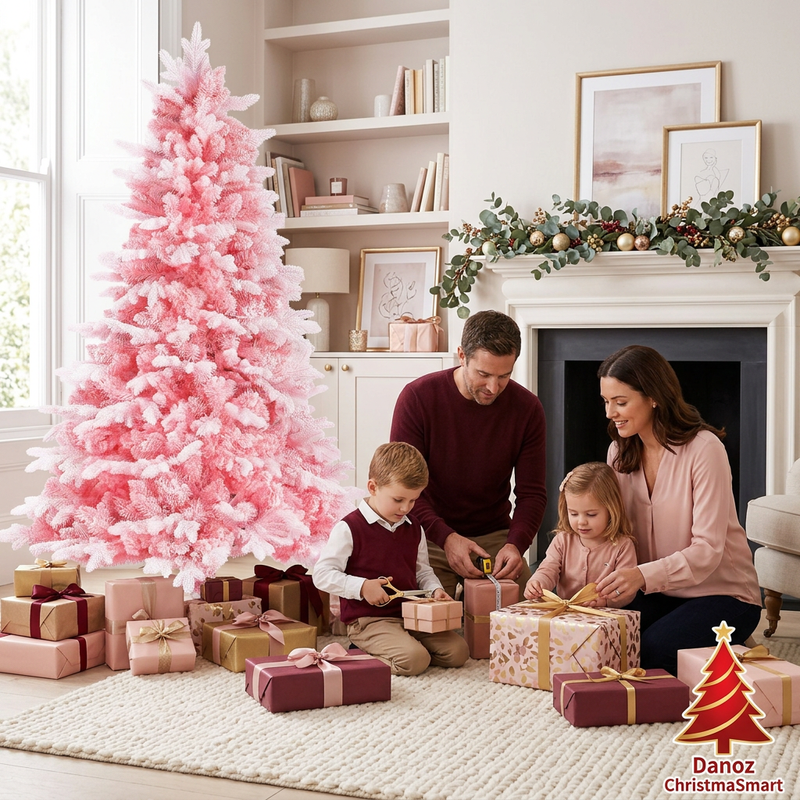 Family wrapping gifts beside pink snow-flocked Christmas tree