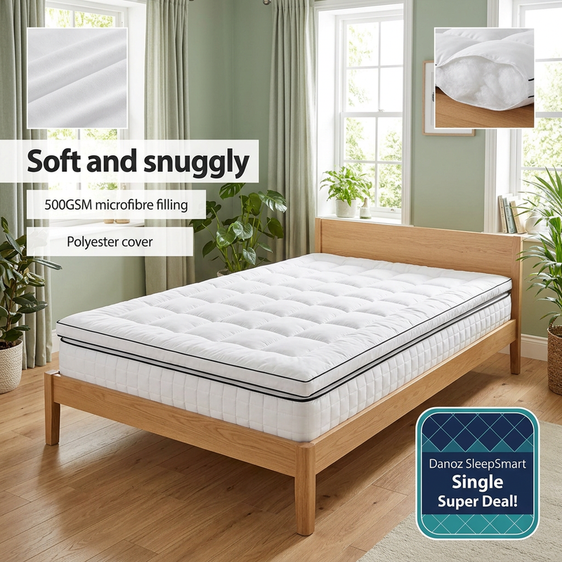 🛌 Danoz SleepSmart | Giselle Bedding Single Mattress Topper | 500GSM Microfibre | 5cm Pillow Top Comfort | Free Postage!