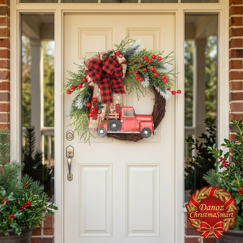 Red pickup truck wreath on cream front door in festive sunlit porch