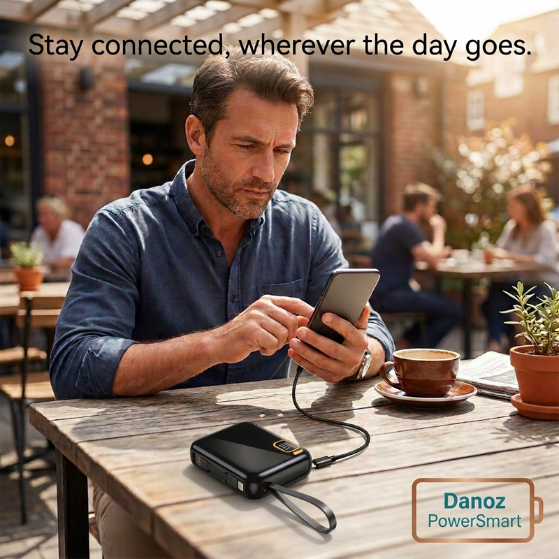 Man using a smartphone connected to a compact Black PowerSmart power bank at a cafe