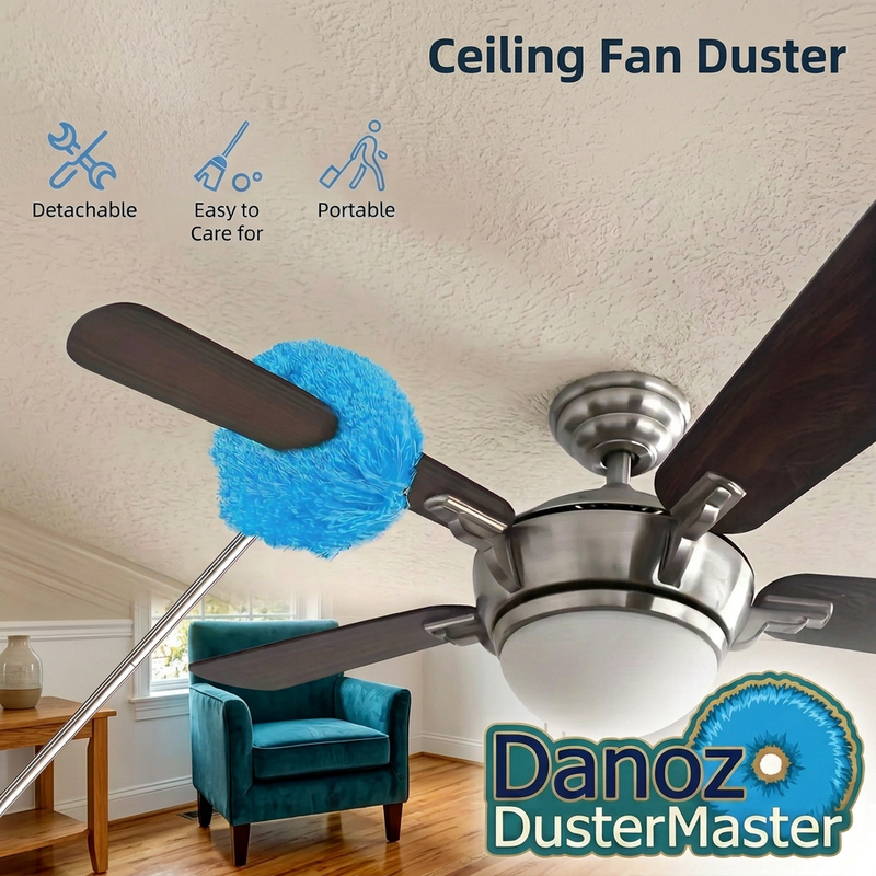 Ceiling fan duster features over a continuous real-home background