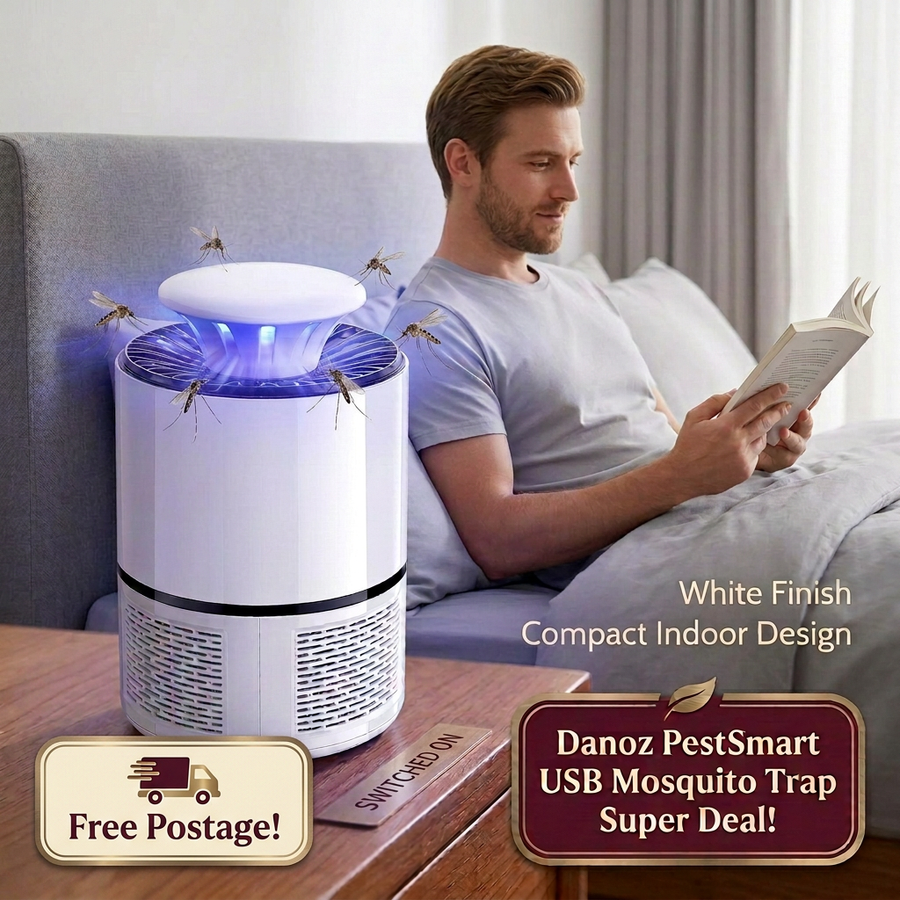 White USB mosquito trap switched on with visible mosquitoes and Free Postage delivery-truck badge
