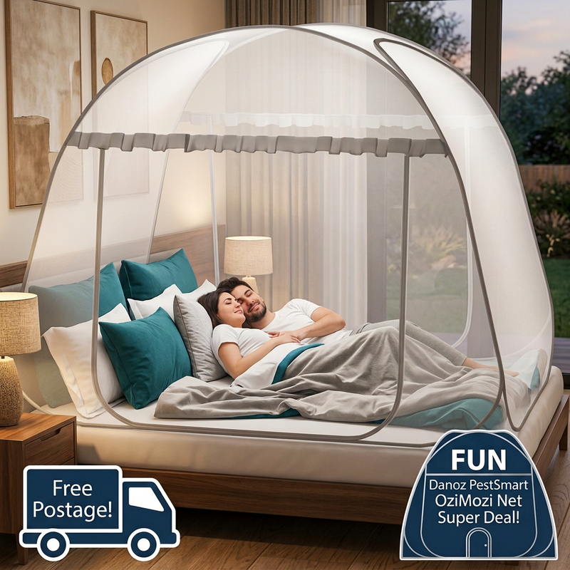 OziMozi bedroom mosquito net with dome badge and Free Postage truck