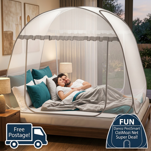 OziMozi bedroom mosquito net with dome badge and Free Postage truck