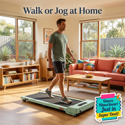 Man walking on compact green pad in living room