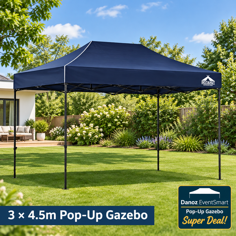 EventSmart 3 by 4.5m navy gazebo full garden view