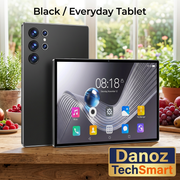 Black Qetupa tablet front and rear views on sunny kitchen counter