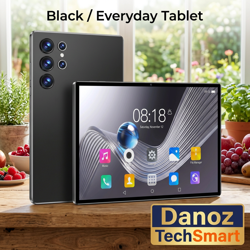Black Qetupa tablet front and rear views on sunny kitchen counter